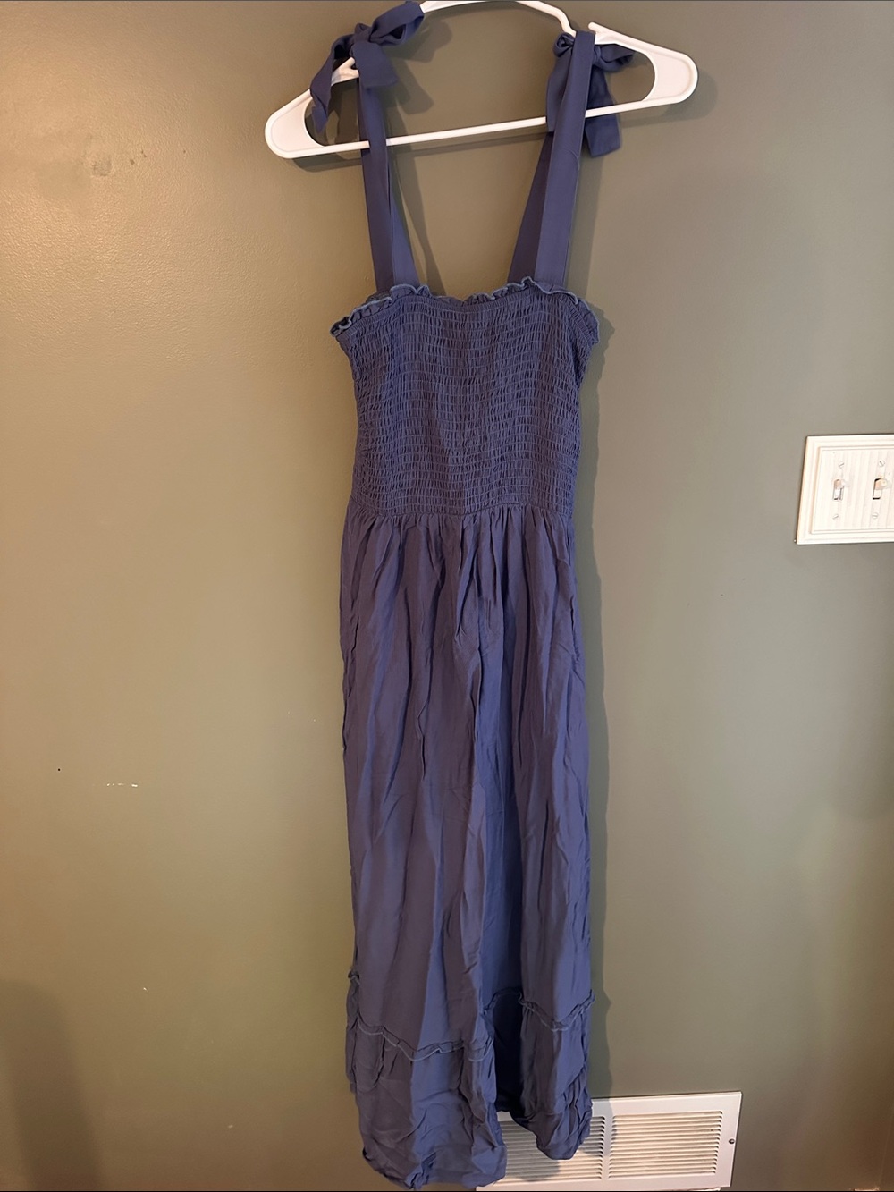 Smocked Tie-Strap Maxi Dress in Dusty Blue